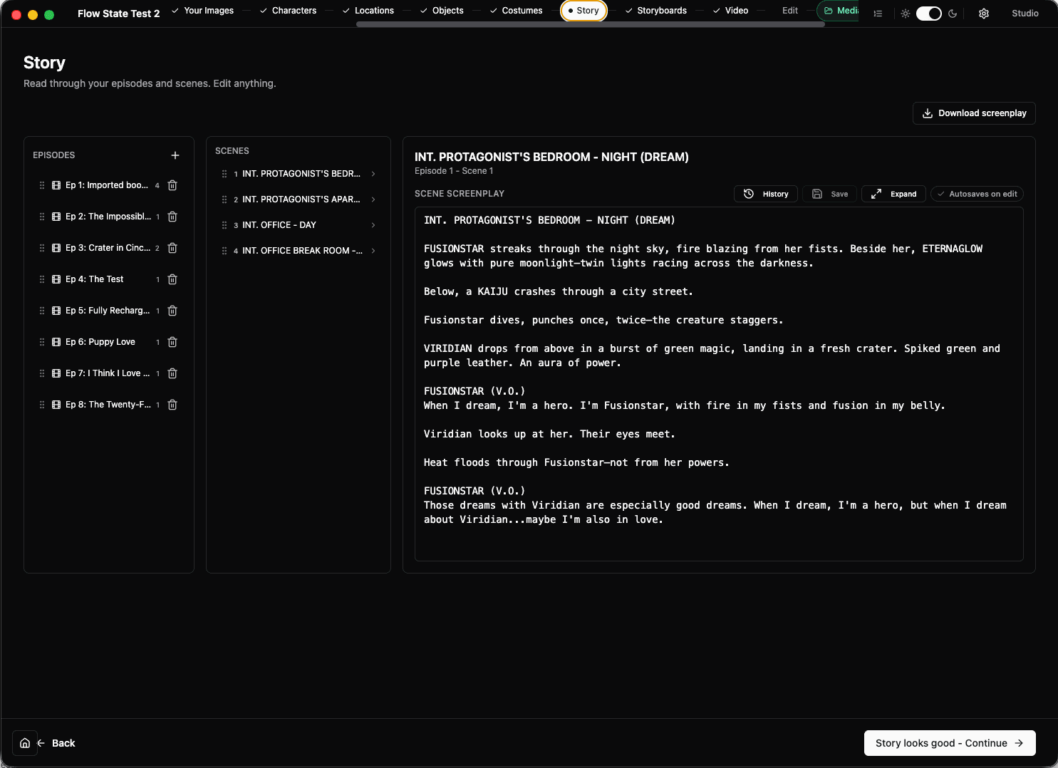 Fiction.show Studio Story workspace, with episodes, scenes, and a screenplay open for development.