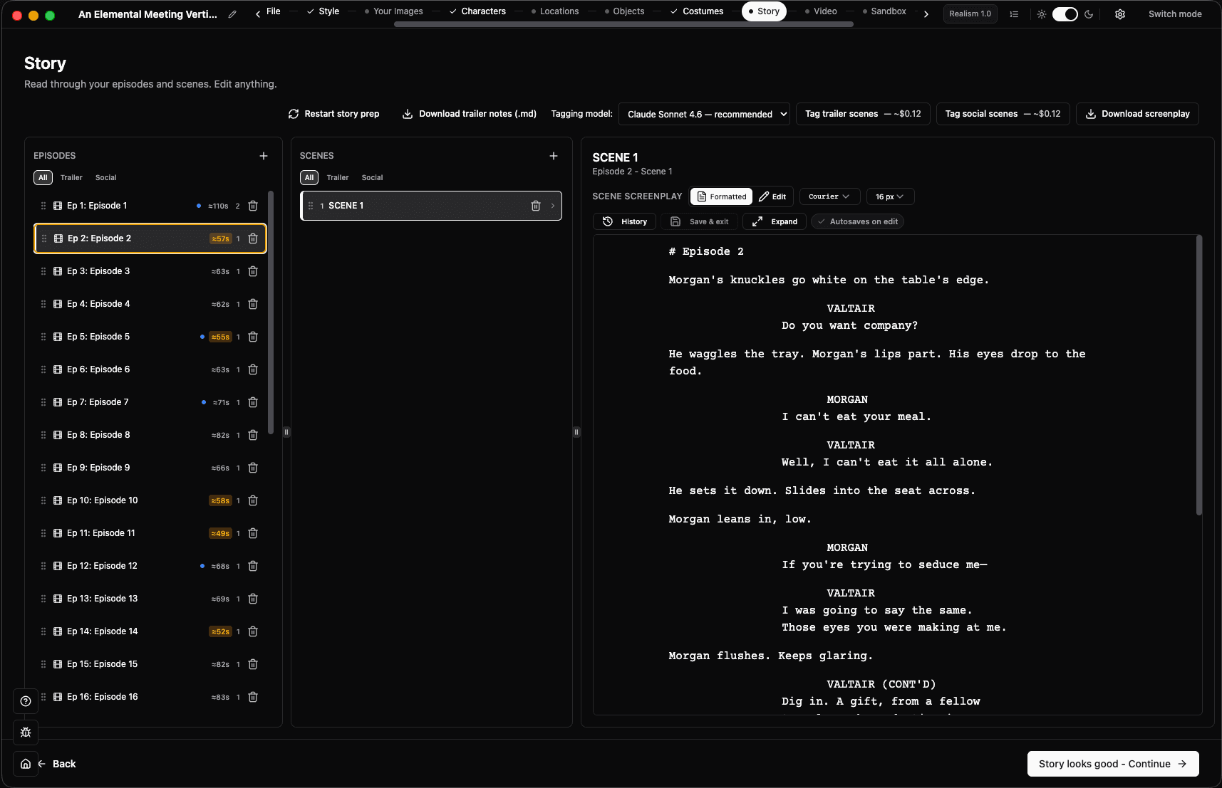 Fiction.show Studio Story workspace, with episodes, scenes, and a screenplay open for development.